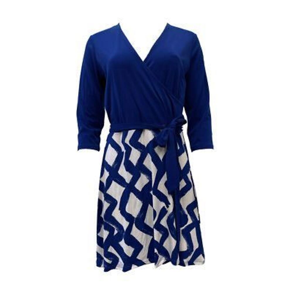 Leota V-Neck Faux Wrap Jersey Dress – Navy/White Print